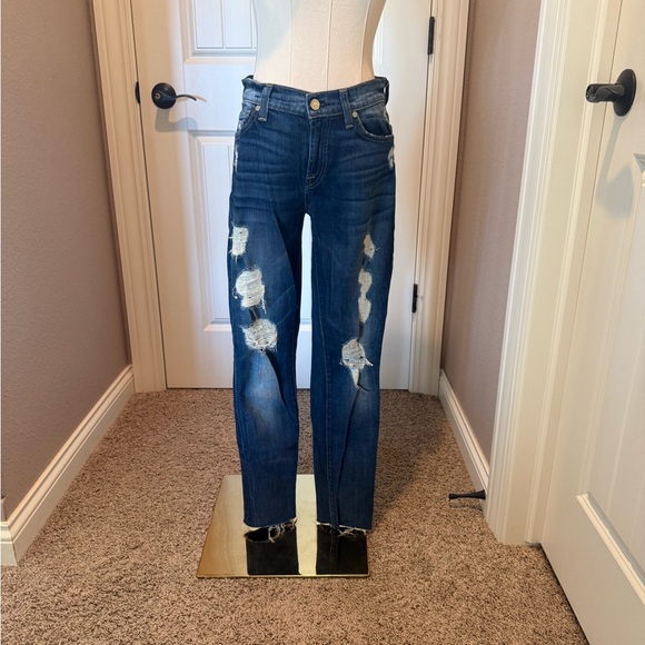 7 For All Mankind Denim - 7 For All Mankind Dark Blue Distressed The Skinny Jeans